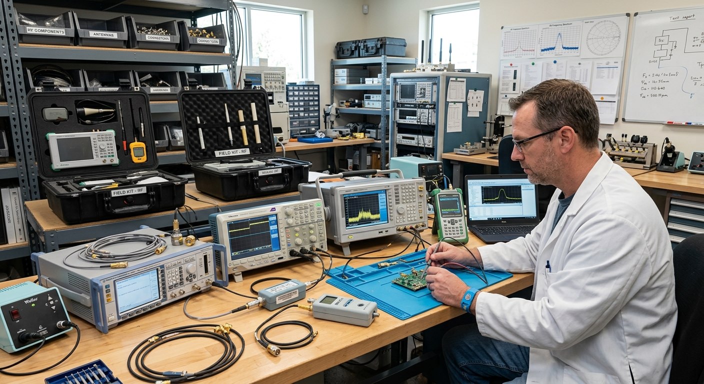 RF engineer examining electronic equipment in the K9 Electronics technical laboratory