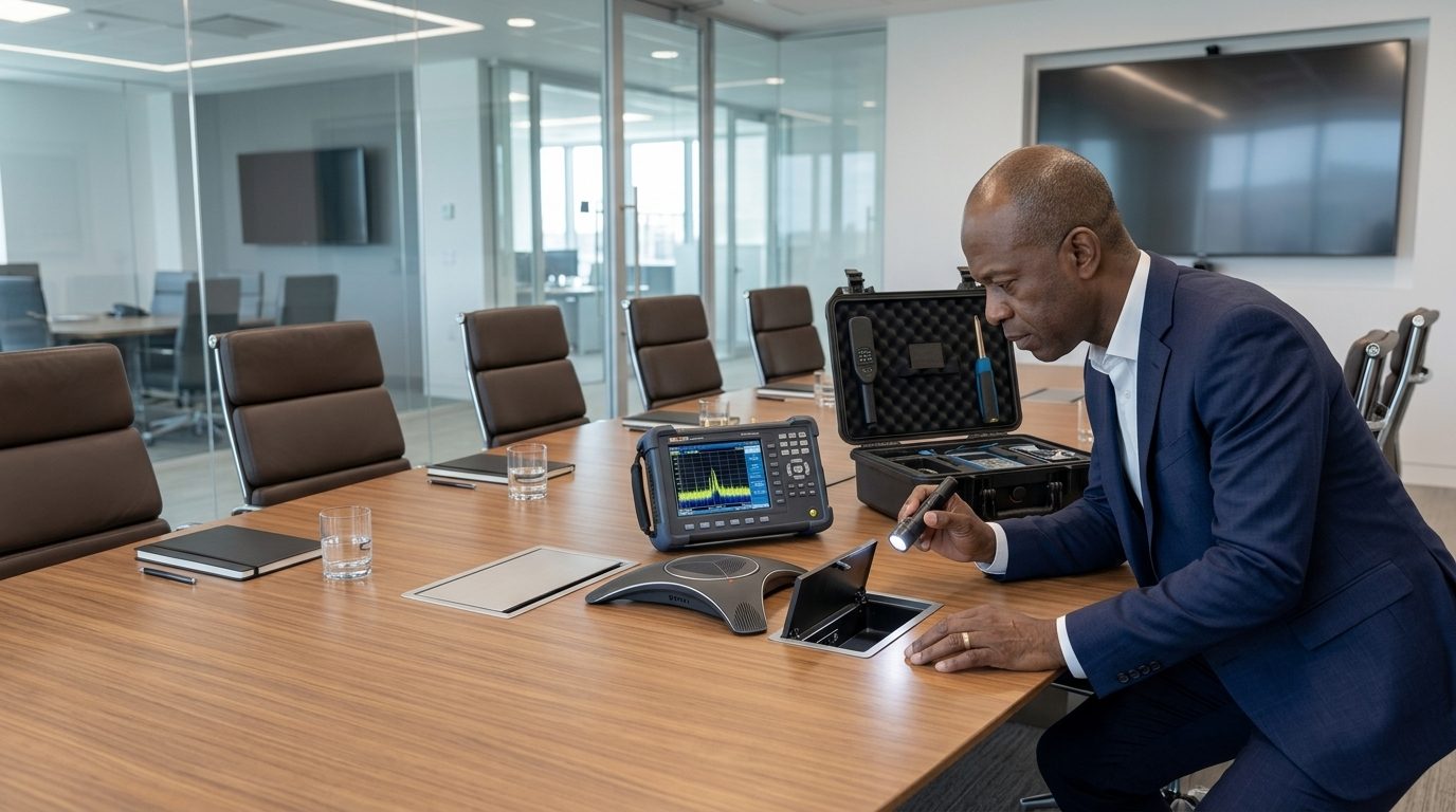 Professional TSCM engineer carrying out a boardroom and office bug sweep