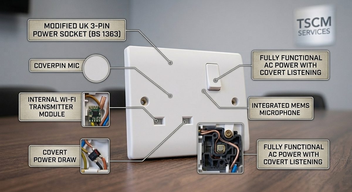 Illustrative example of covert surveillance electronics concealed inside a household power socket
