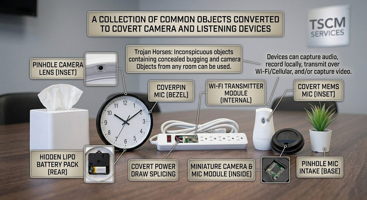Examples of concealed surveillance electronics