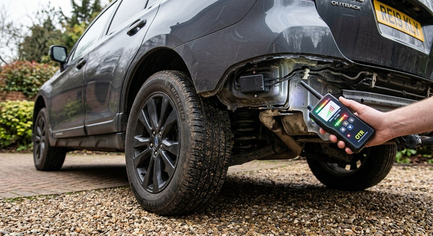 Illustrative example of a concealed vehicle GPS tracker being investigated during a car tracker inspection