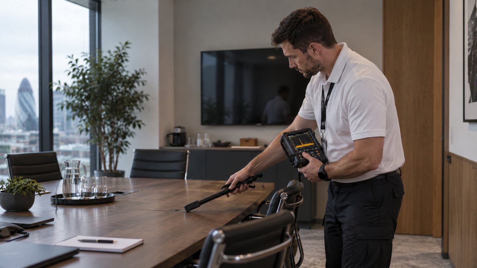 TSCM engineer checking a boardroom table while monitoring his electronic detection instrument