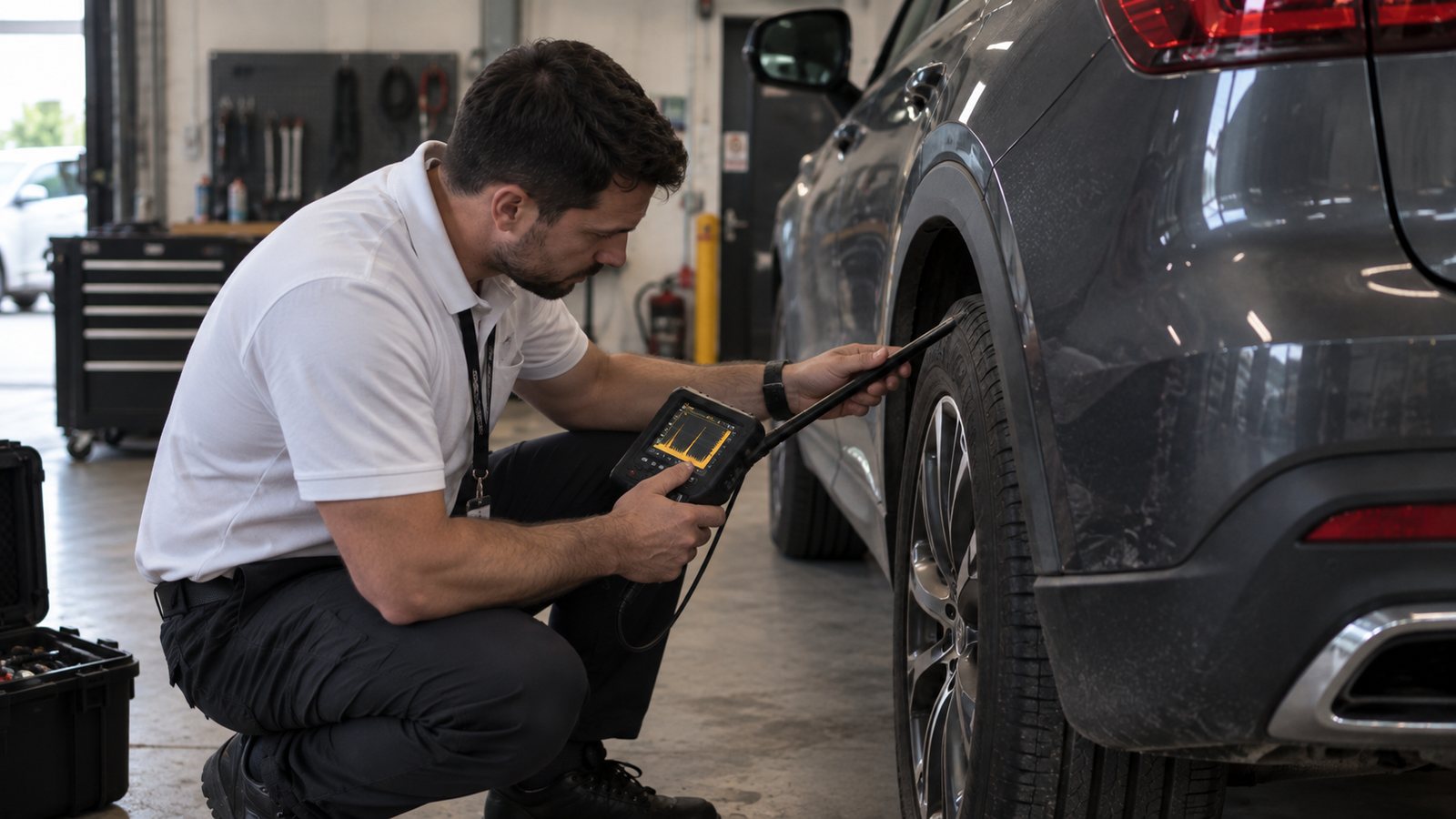 TSCM engineer in a white polo shirt inspecting a vehicle wheel arch while watching his detection instrument