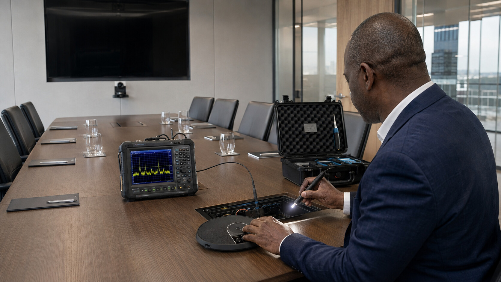 Technician inspecting boardroom conference equipment before a confidential meeting