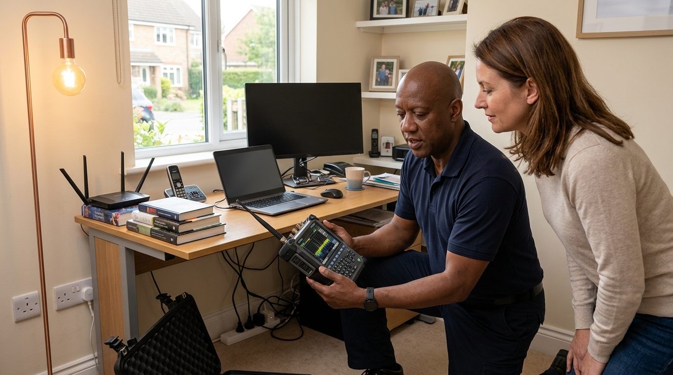 Residential TSCM specialist carrying out an electronic bug sweep in a home office