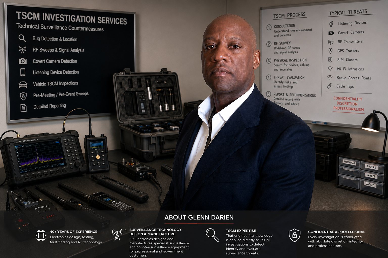 Glenn Darien, Company Director and Head of Engineering at K9 Electronics, in a TSCM laboratory