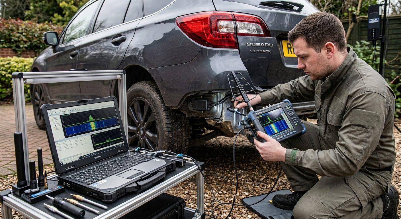 Vehicle TSCM specialist using spectrum analysis equipment during a professional tracker and bug sweep